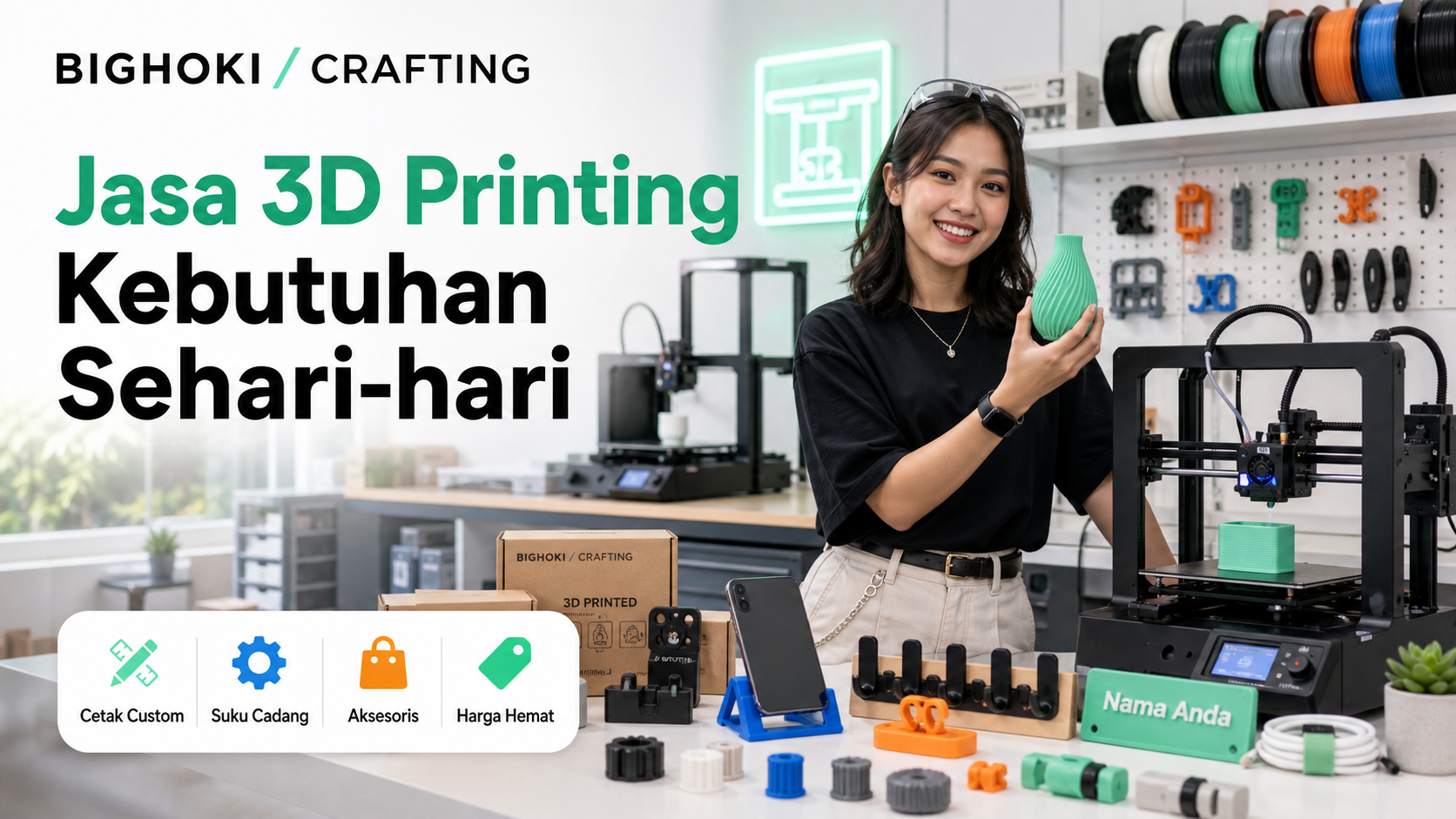 Wanita dewasa di studio 3D printing Bighoki Crafting dengan printer dan produk custom